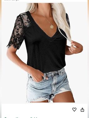 Black Lace Sleeve V-Neck Women's Top